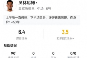 贝林厄姆本场0射门0关键传球 16对抗8成功+3解围3抢断3造犯规