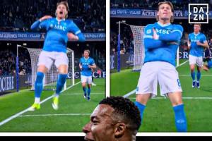 小麦进球后做姆巴佩同款庆祝动作，可惜进球因毫米级越位被吹掉