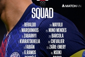 巴黎对阵里尔名单：登贝莱、杜埃、K77在列，若昂·内维斯缺席