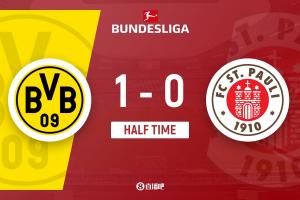 半场-多特蒙德暂1-0圣保利 布兰特破门施洛特贝克阿德耶米染黄