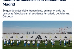 皇马今日训练前为西班牙列车事故中的遇难者默哀一分钟