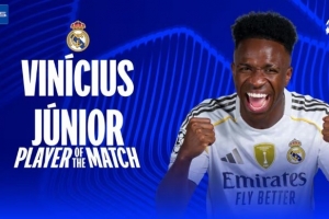 1进球7关键传球，维尼修斯当选皇马6-1摩纳哥一役全场最佳